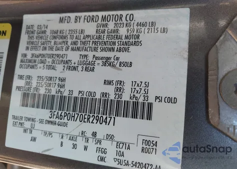 2014 Ford Fusion Se z USA, uszkodzony, nr VIN 3FA6P0H70ER290471